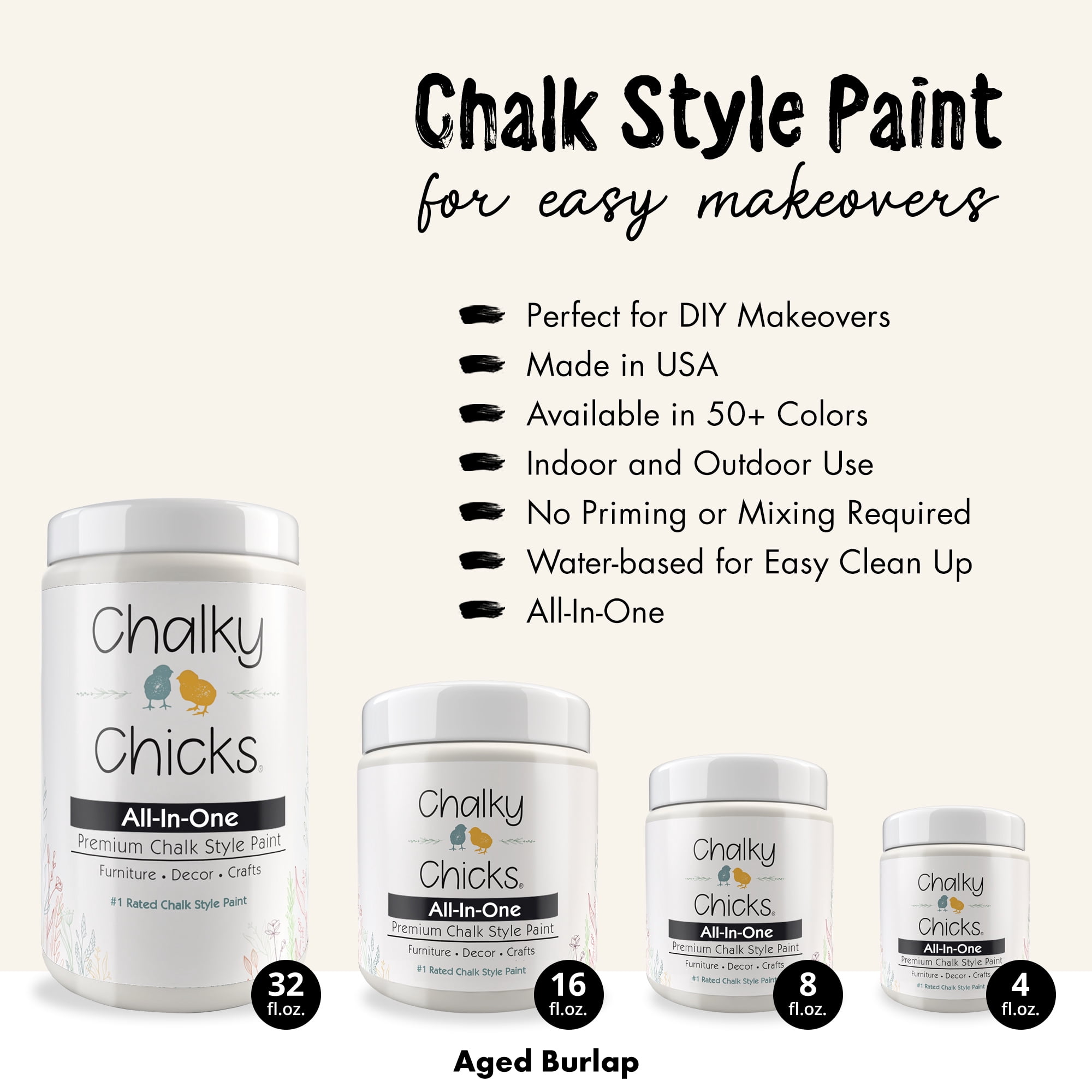 Chalky Chicks 8 Fl Oz Matte Aged Burlap White Chalk Paint for Furniture Without Sanding - No Prep Furniture Paint No Sanding All in One for Crafts, Wood, Cabinet, Walls, Metal, Dresser, Farmhouse