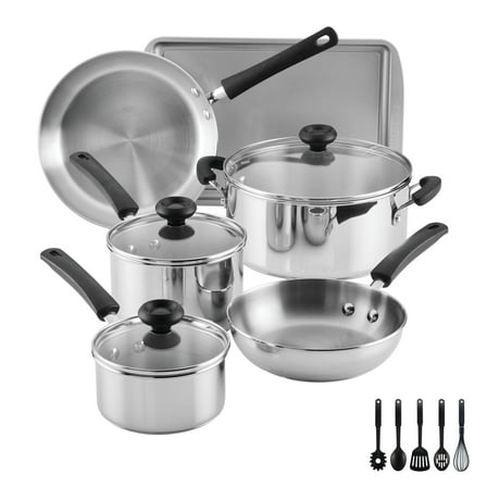 Farberware SureSteel 14 Pcs Stainless Steel Cookware Set Includes Baking Pan and Cooking Tools, Induction Compatible, Dishwasher Safe, Metal Utensil Safe, Stainless Steel