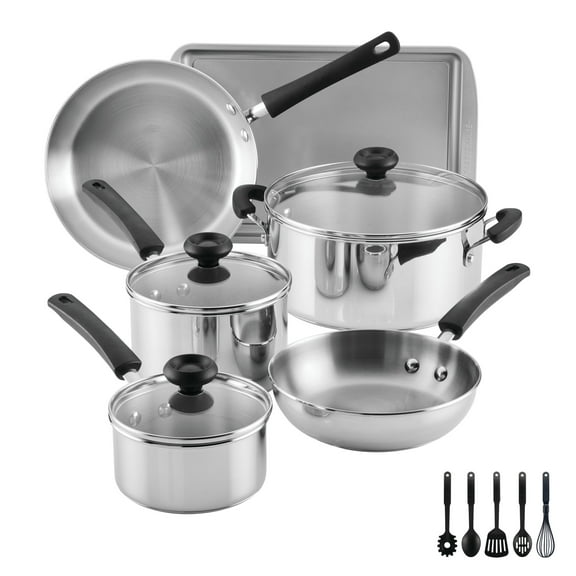 Farberware SureSteel 14 Pcs Stainless Steel Cookware Set Includes Baking Pan and Cooking Tools, Induction Compatible, Dishwasher Safe, Metal Utensil Safe, Stainless Steel