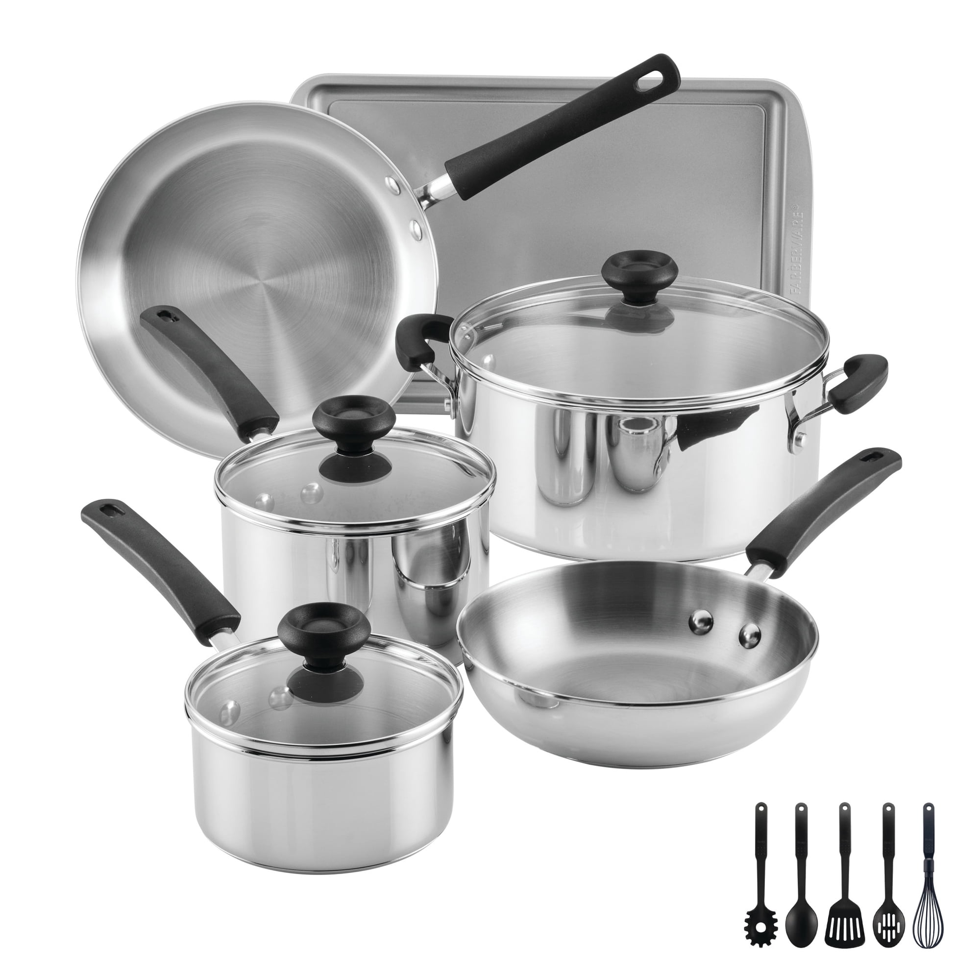 Farberware SureSteel 14-Piece Stainless Steel Cookware Set with Baking Pan and Cooking Tools, Induction Compatible, Dishwasher Safe
