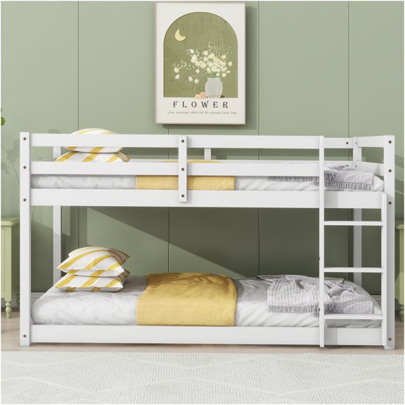 JERFIT White Twin over Twin Low Profile Bunk Bed with Ladder, Solid Rubber Wood Frame, No Box Spring Needed, Space Saving Design
