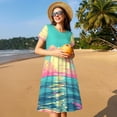 thumbnail image 4 of Fotbe Retro Palm Beach Sunset Pattern Dress Casual Womens Fashion Short Sleeve Maxi Dress T Shirt Dress Striped Long Color Block Maxi Dress, 4 of 6