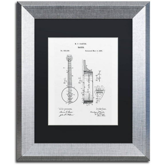 Trademark Fine Art "Vintage Banjo Patent 1896 White" Canvas Art by Claire Doherty Black Matte, Silver Frame