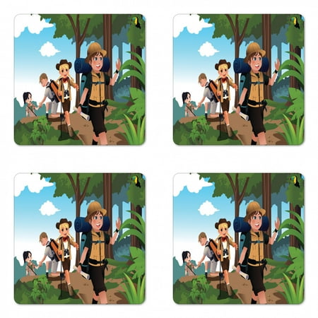 

Adventure Coaster Set of 4 Illustration of Camping Crowd Scout Trees Sky Plants Active Travelling Print Square Hardboard Gloss Coasters Standard Size Multicolor by Ambesonne
