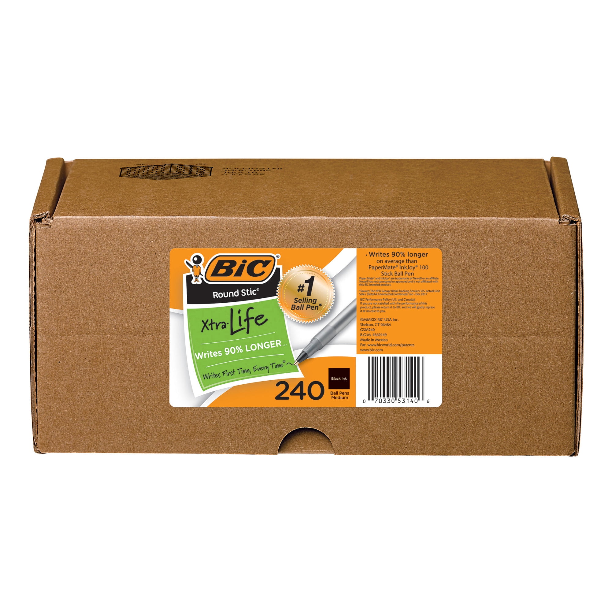 BIC® Round Stic® Xtra Life Ballpoint Pens, Medium Point, 1.0 mm, Translucent Barrel, Black Ink, Box Of 240 Pens