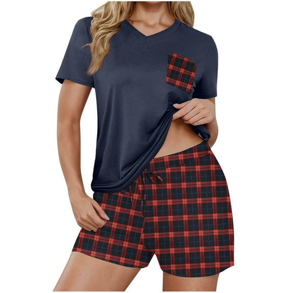 FAHXNVB Women's Pajama Set 2 Piece V Neck Short Sleeve Shirt with Plaid Boxer Shorts 2025 Summer Comfy Loose Pjs Lounge Sets