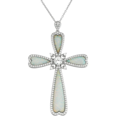 Created Opal and CZ Sterling Silver Cross Pendant