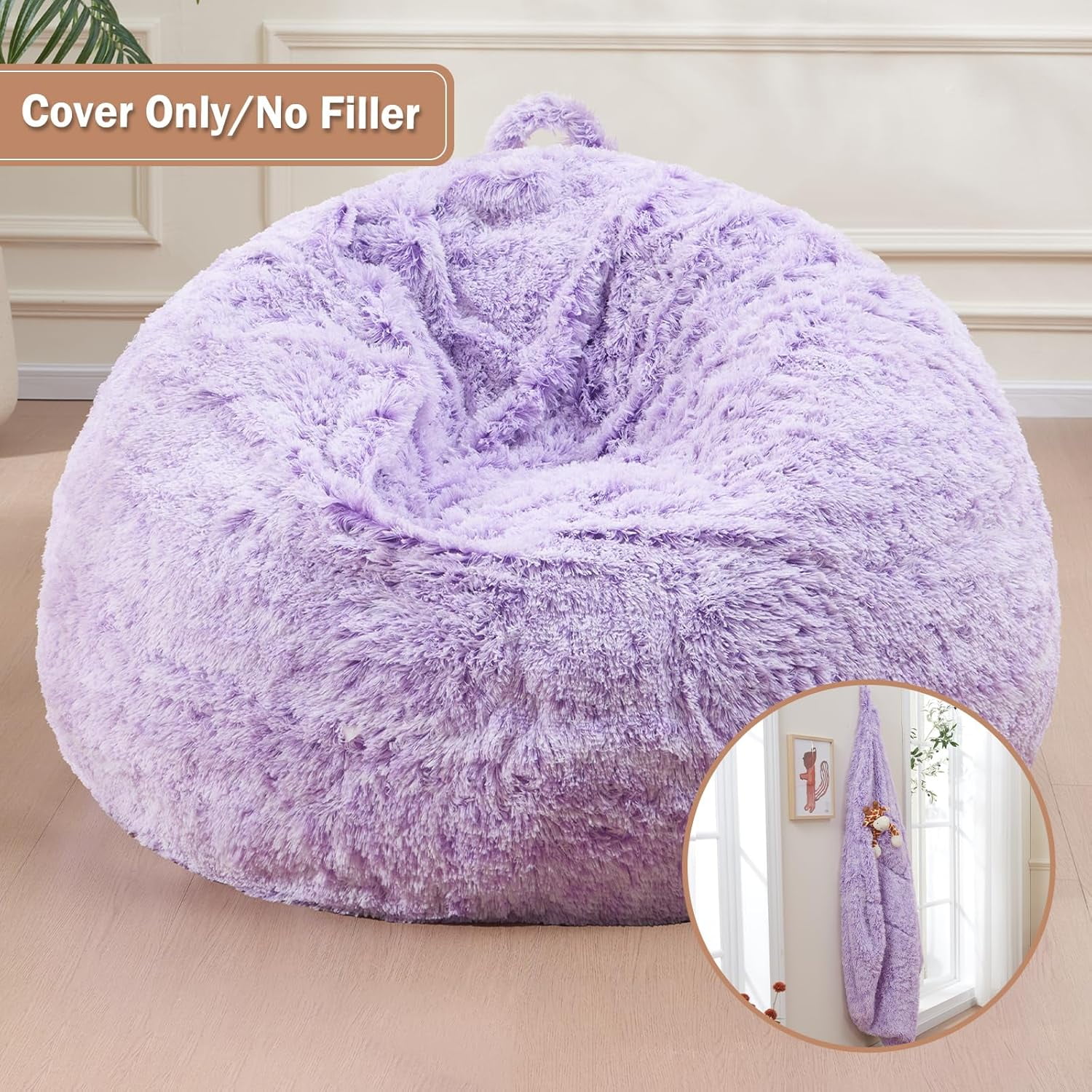 Huge Bean Bag Covers Only, Fluffy Stuffed Beanbag Chair Covers No Filler, Washable Bean Bags Cover for Adults, Stuffed Animal Bean Bag Anti-Slip, 6FT, Purple