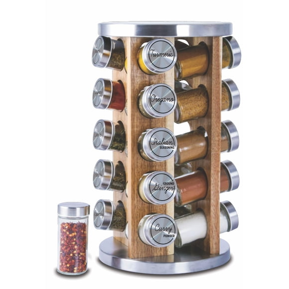 Orii 20 Jar Spice Rack with Spices Included - Tower Organizer for Kitchen Spices and Seasonings, (Natural Acacia Wood)