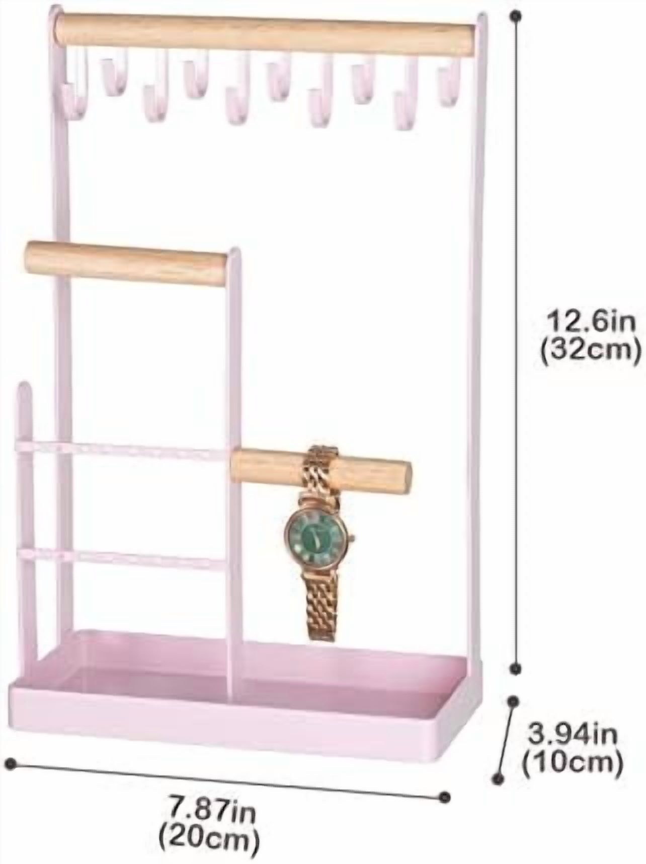 Jewelry Stand Holder Organizer, 4-Tier Necklace Holder with Ring Tray, 10 Hooks Necklaces Hanging Small Jewelry Display Storage Tower Tree for Bracelets Earrings Watches -Medium, Pink