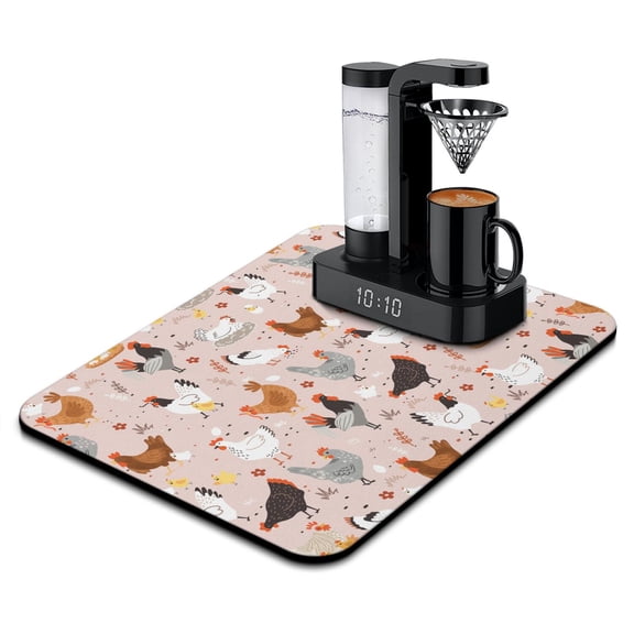 Rustic Farm Coffee Maker Mat - Absorbent Drying Pad with Rooster and Sunflowers