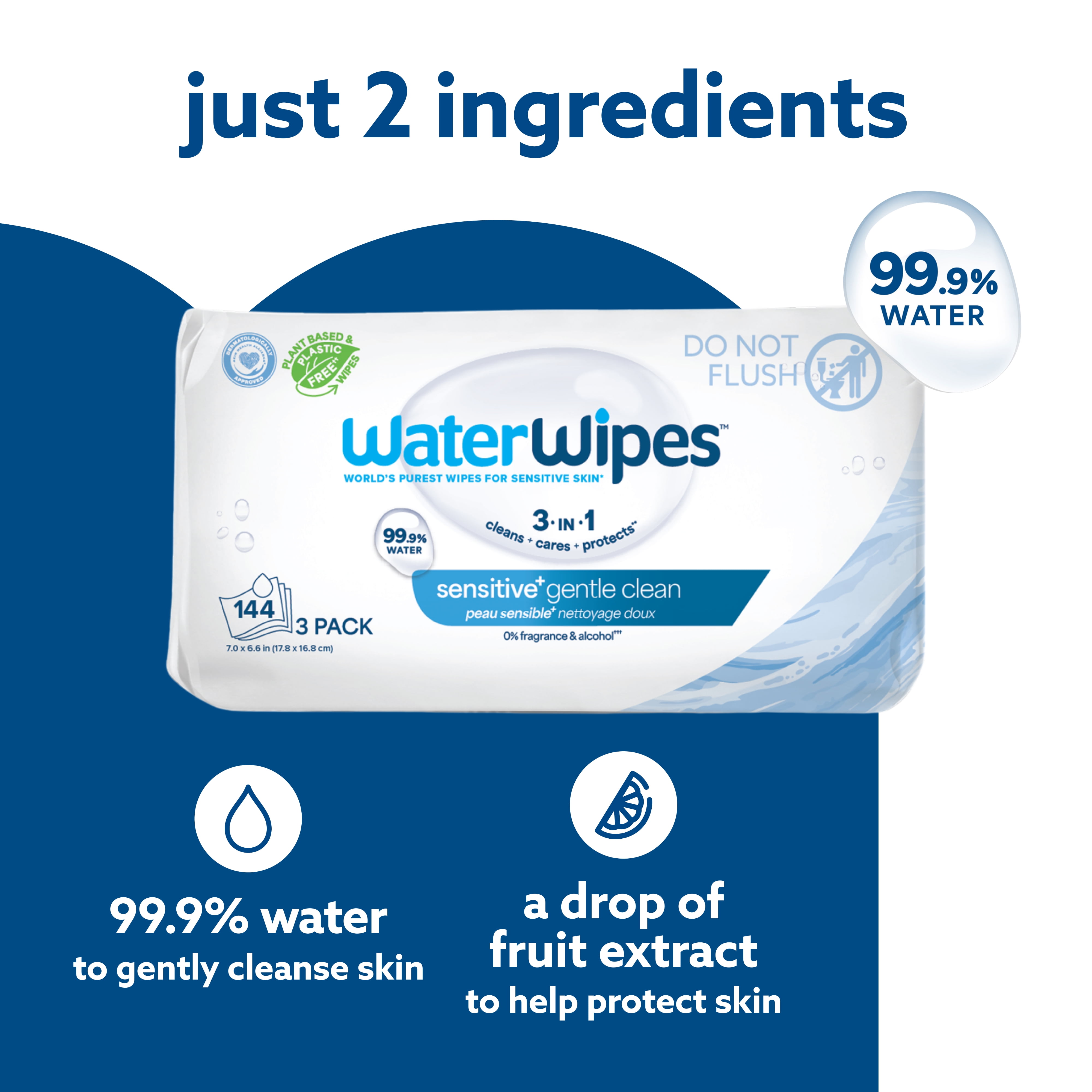 WaterWipes Sensitive+ Gentle Clean Wipes, 3-en-1 nettoie, soigne, protège, 99,9 % d'eau, non parfumées