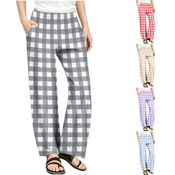 Frostluinai Plaid Pants Kids Girls Casual Wide Leg Pants Elatic Waist Baggy Straight Leg Trousers Funny Color Block Lounge Pants with Pocket