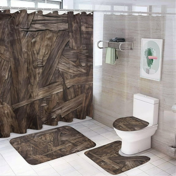 Bathroom Set with Shower Curtain Sets and Rug, Wood and Leaves Pattern Printed on Bathroom Rugs and Shower Curtain Sets, Designed for Farmhouse Boho Contemporary Bathrooms, 72 x 72 inches