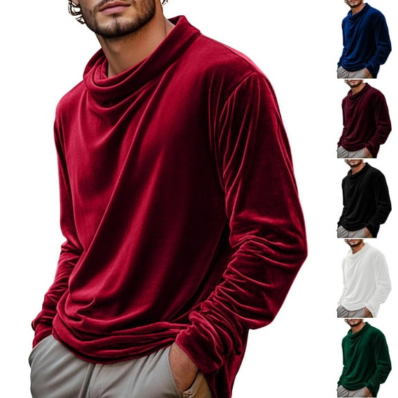 Men Velvet Long Sleeve Shirts Casual Loose Pleated Crewneck Velour Pullover Tshirt Comfy Soft Lightweight Winter Warm Tops