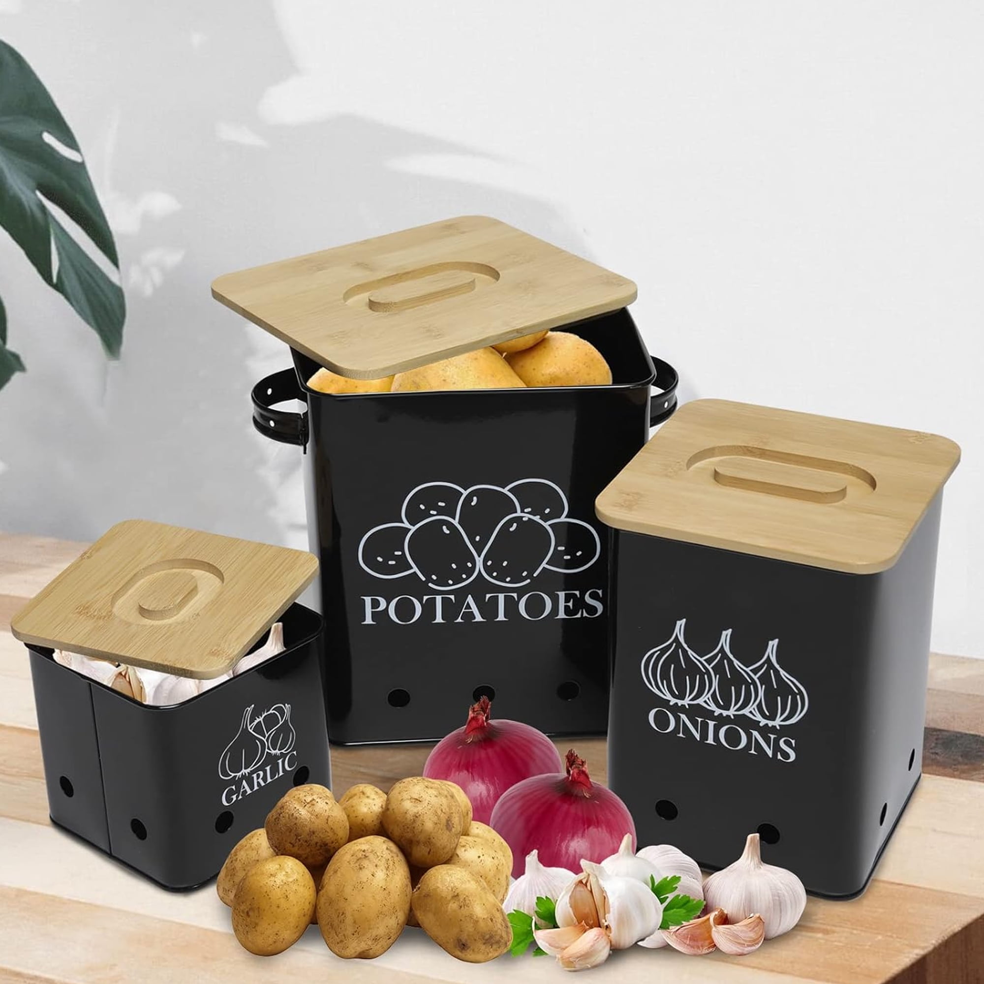 Pethiy Kitchen Canisters Set, Storage Bin for Potato Onion & Garlic, 3 Pack Set Countertop Pots Containers with Wooden Lid - Potato Storage, Garlic Bin, Onion Keeper Tin with Aerating Holes-Black