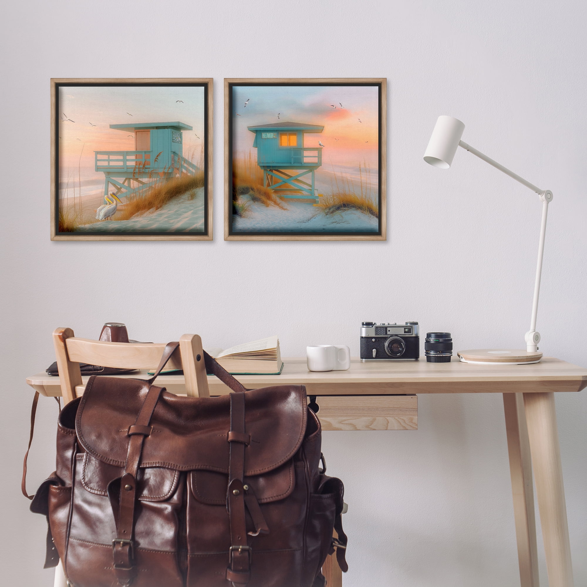 Stupell Industries Lifeguard Beach Hut Pelicans Nautical & Beach Painting Brown Floater Framed Canvas Art Print Wall Art, 18 x 18, Set of 2