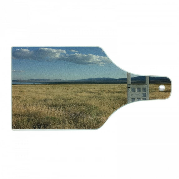 Antique Cutting Board, Old Door Standing Alone in Field with Mountains Summer Sky Surreal, Decorative Tempered Glass Cutting and Serving Board, Wine Bottle Shape, Earth Yellow Coconut, by Ambesonne
