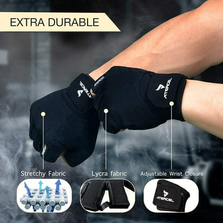 ATERCEL Anti-Slip Ventilated Men and Women Half Finger Fabric Black Weight Lifting Gloves, M