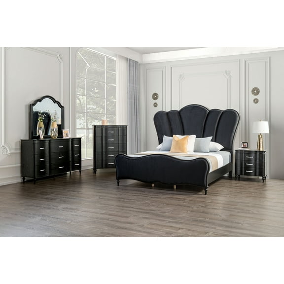 Glam Beautiful Black Finish 4pc Bedroom Set Padded Channel Headboard Queen Size Bed Dresser Mirror Nightstand Furniture