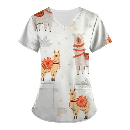 

ZXHACSJ Women Nurse Uniform Animal Print Short Sleeve V-neck Tops Cartoon Print Blouse Scrubs Women Beauty Salon Working Uniform Orange XXXXL