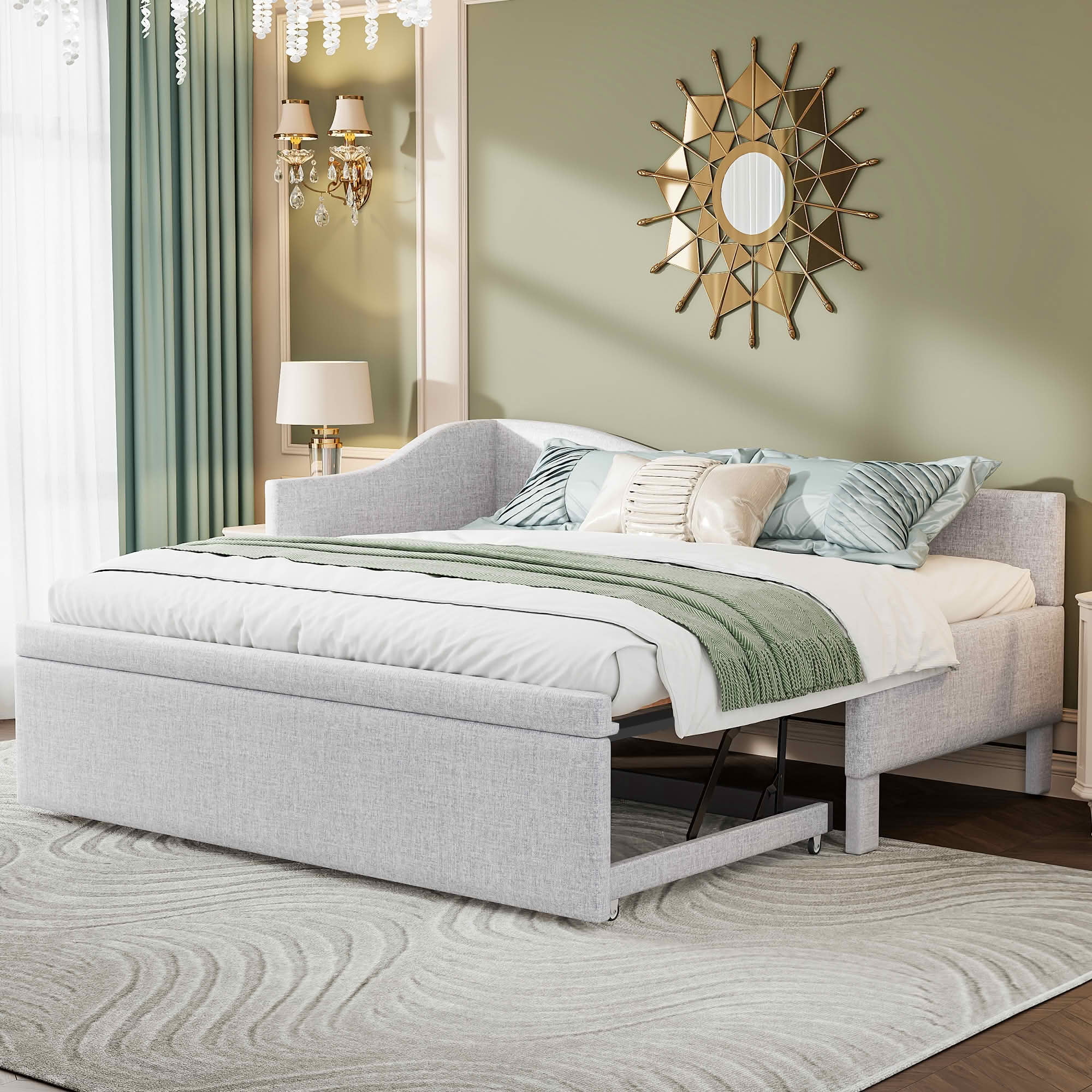 MAYEERTY L-Shaped Linen Upholstered Daybed with Twin to King Expandable Trundle, No Box Spring Needed