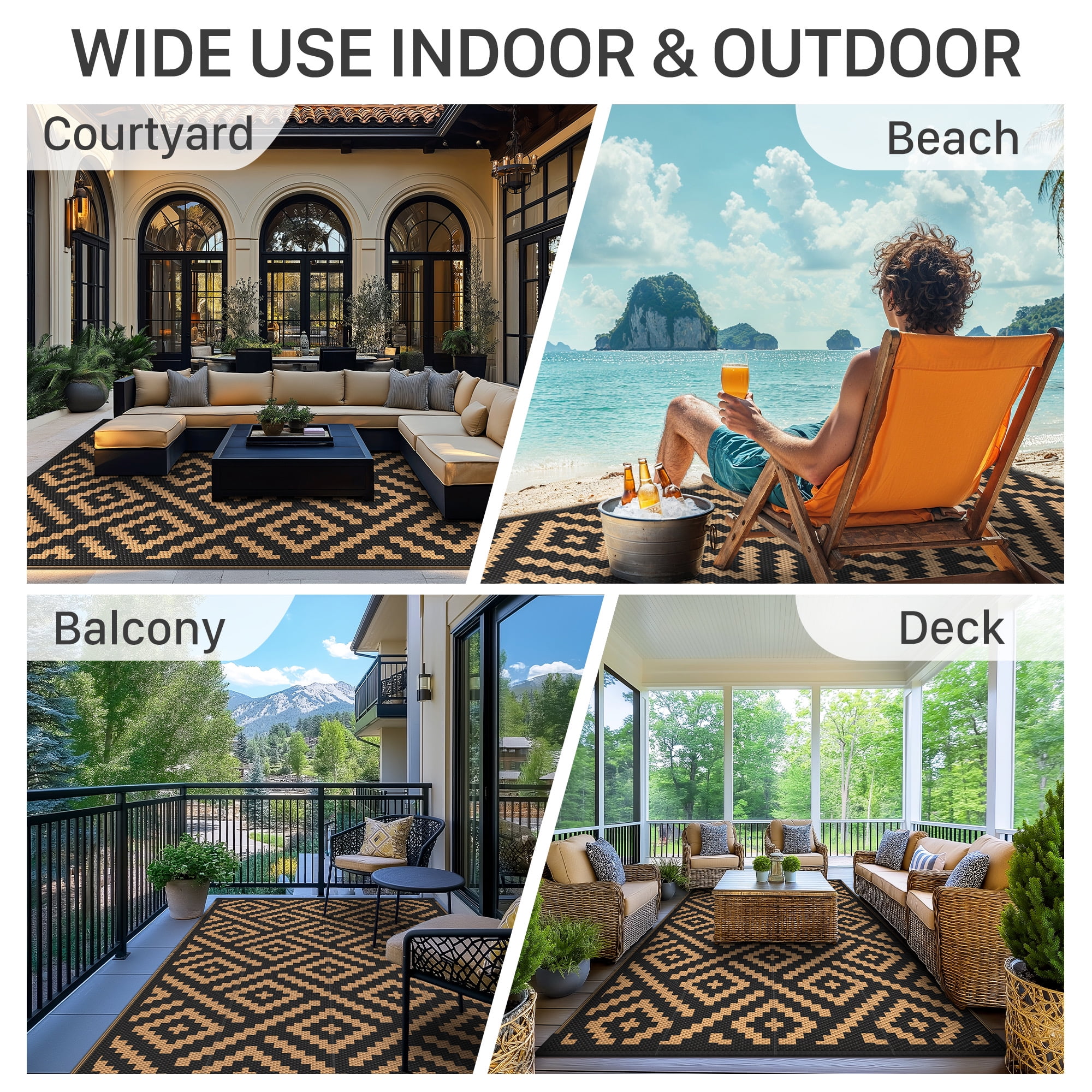DEORAB Outdoor Rugs Waterproof Plastic Straw Mat 6'x9' Reversible for RV Patio Deck Beach Black & Brown