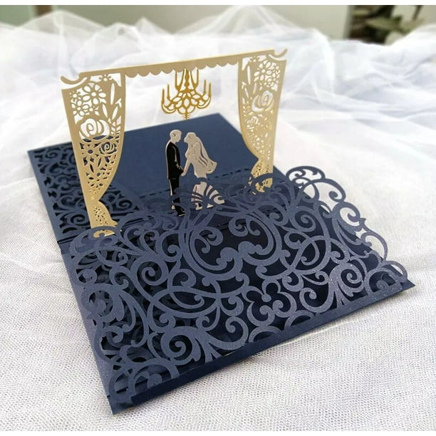 Tarjeta emergente 3D de 3 pliegues, tarjeta de invitación de boda de bolsillo, corte láser, invitación de felicitación con sobre, color dorado y gris, 1 unidad, envío gratis