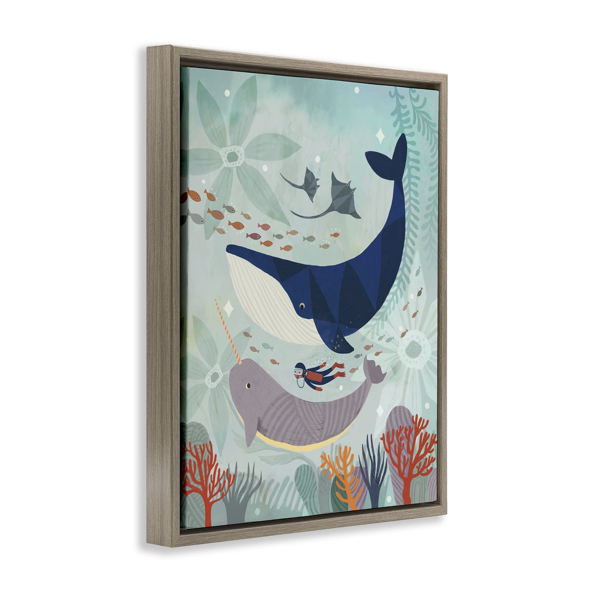 Stupell Industries Scuba Diver Among Whales Nautical & Beach Painting Brown Floater Framed Canvas Art Print Wall Art, 17 x 21