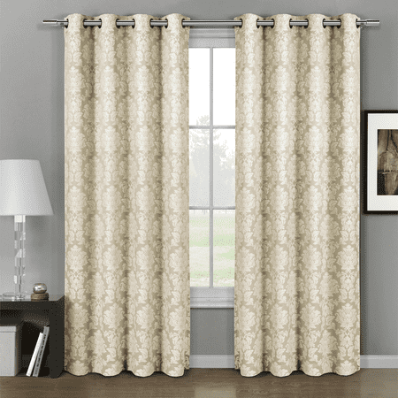 Floral Damask Grass Pair (Set of 2) Aryanna Damask Floral Curtains Jacquard Grommet Panels - 108x96 - Beige ()