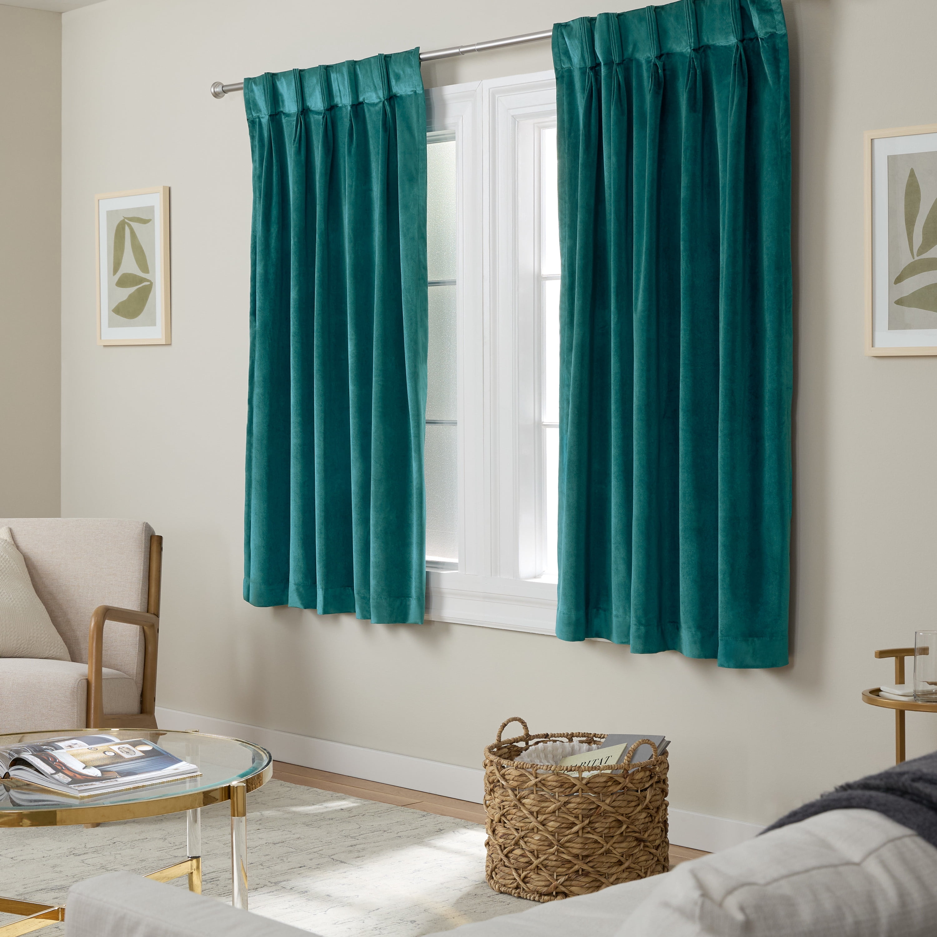 TOWN & COUNTRY LUXE Velour Solid Heavyweight Indoor Curtains, Light Filtering Opacity, Triple Pinch Pleat Top, Plush Velvet, 2-Pack Set, 27"x63", Teal