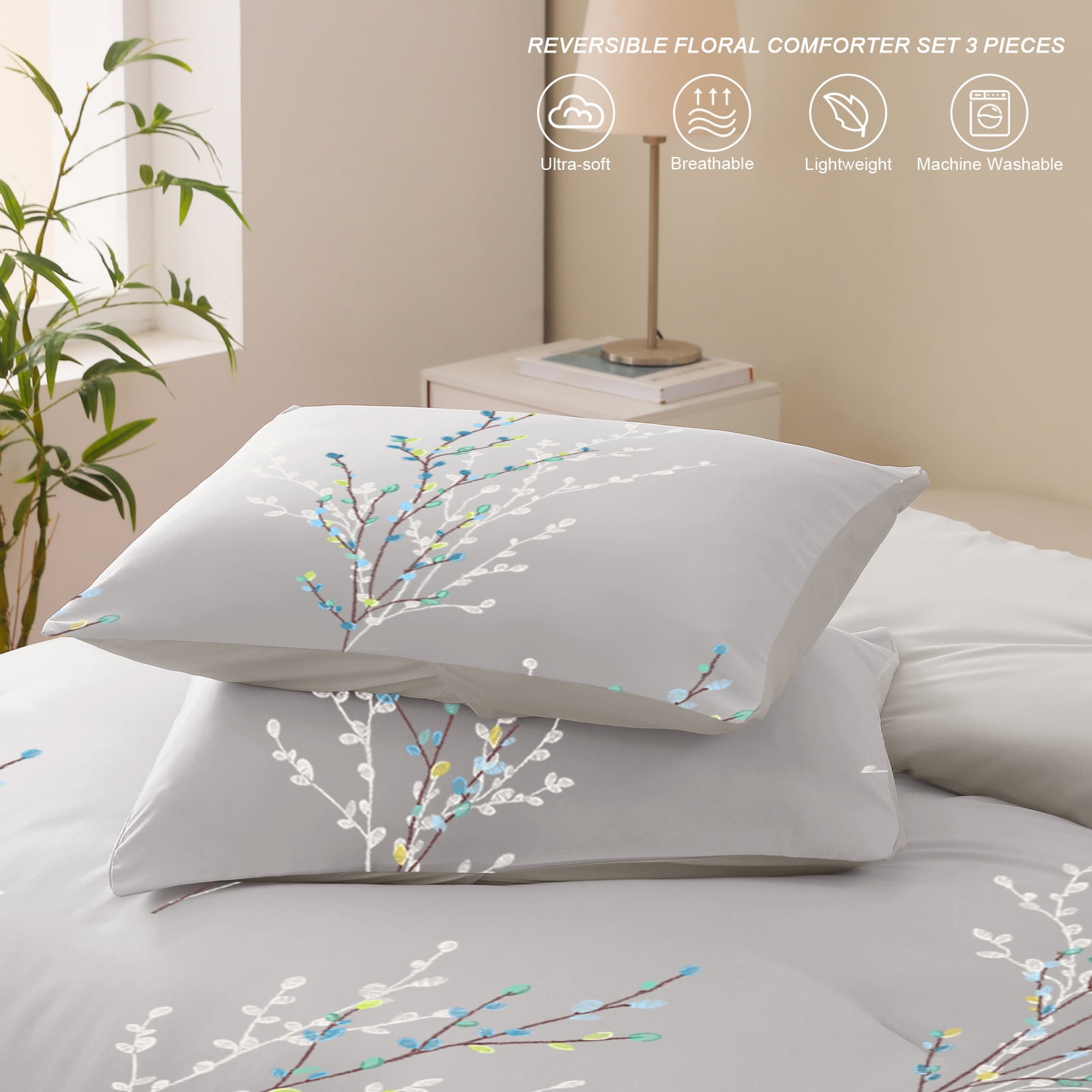 Exclusivo Mezcla 3-Piece Floral Queen Comforter Set, Microfiber Bedding Down Alternative Comforter for All Seasons with 2 Pillow Shams, Grey