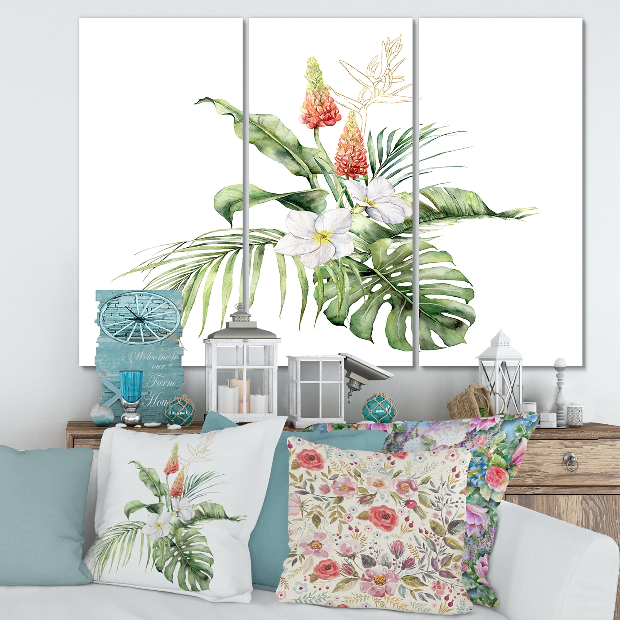 Designart ' Tropical Bouquet With Plumeria Lupine Palm Leaves ' Traditional Canvas Wall Art Print