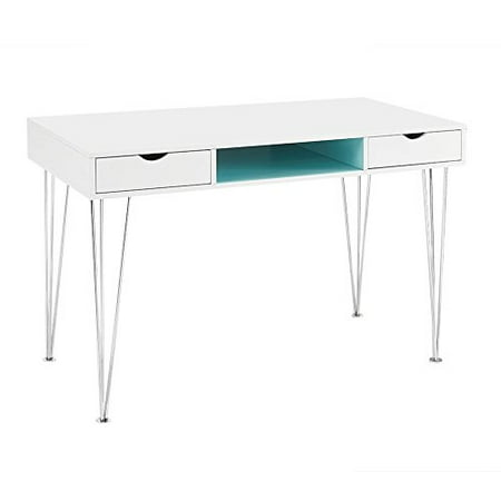Luxor Steel Frame Computer - Mid-Century Modern 48 inch White and Aqua Student Office Computer Desk with Open Shelf | Chrome Steel Hairpin Legs with Metal Framed with Hairpin Legs