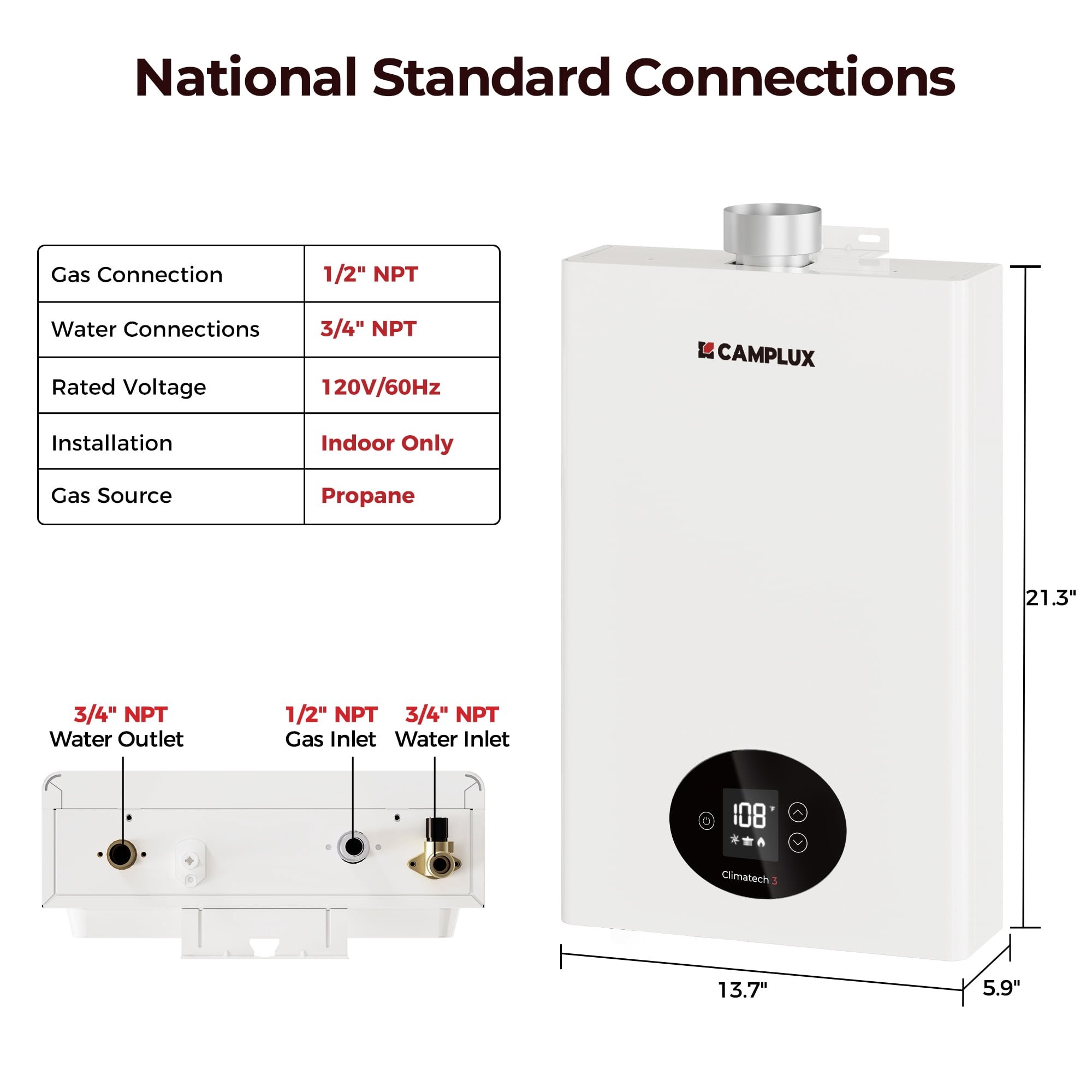 CAMPLUX Propane Gas 2.64 GPM 65,000 BTU Tankless Water Heater for Indoor, 120-volt