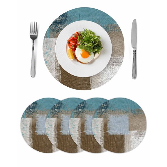 Teal Blue Round 13 Inch Placemats Set of 4, Brown White Minimalist Retro Smear Ombre Art HeatResistant Non Slip Place Mats for Dining Table, Wipeable Braided Kitchen Table Mats for Housewarming