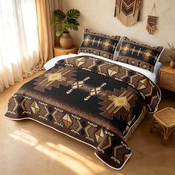 Erosebridal Retro Aztec Twin Quilt Set, Bohemian Geometric Twin Coverlet Set, Dark Brown Mustard Cream Black 2-Piece, 1 Bedspread and 1 Pillowcase