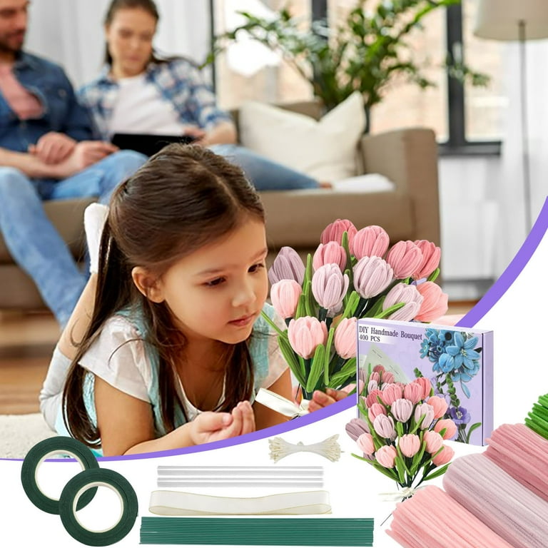 Steadline 400 Pcs Pipe Cleaners Craft Kit,Floral DIY Bouquet Making Supplies with 4 Colors Chenille Stems,Includes Wires, Stamens and Accessories,Perfect for Creative Handmade Flower Projects