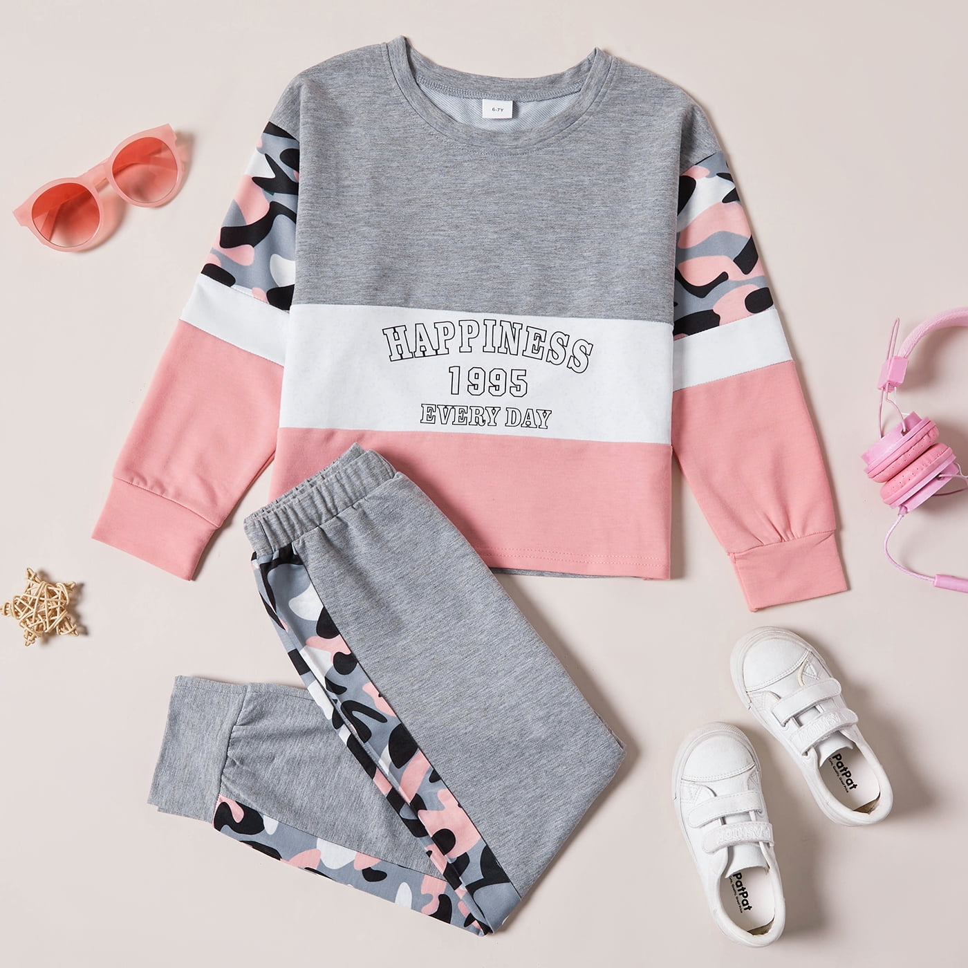 2-piece Kid Girl Letter Print Hoodie Sweatshirt and Colorblock Pants Set