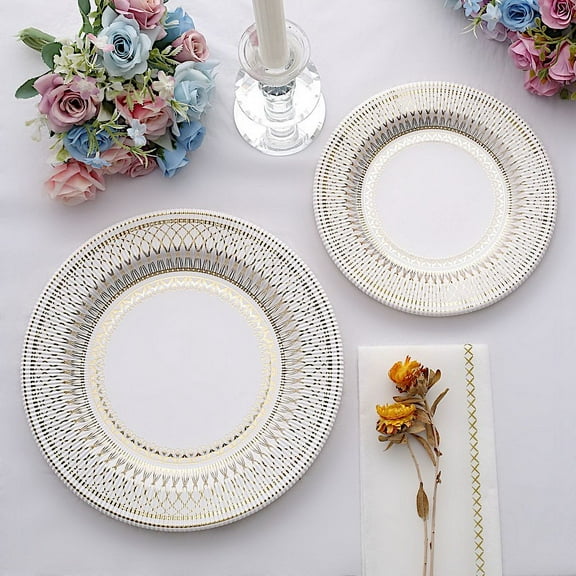 Balsa Circle 25 White 10" Round Disposable Paper Plates Gold Porcelain Design Party Events Tableware Decorations