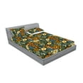 thumbnail image 2 of Jungle Boho Fitted Sheet & Pillow Sham Set, Tropical Forest Vibe American Traditional Art of Tiger and Floral, Decorative Printed 3 Piece Bedding Decor, Queen, Peacock Green Apricot, by Ambesonne, 2 of 2