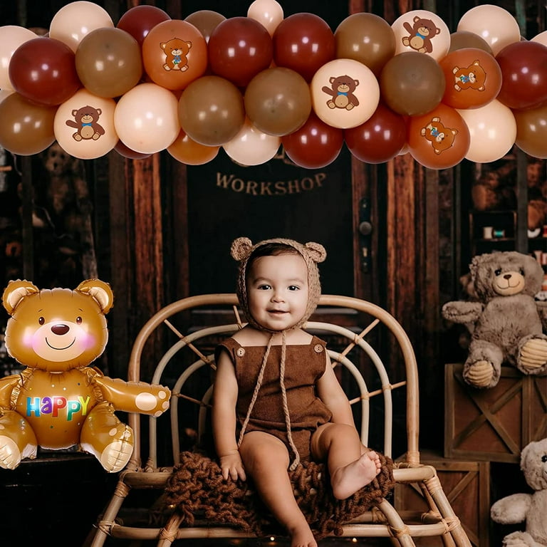 Wonmelody Bear 1st Birthday Decorations for Boys Brown Balloon Garland Kit  for Baby Bear 1st Birthday Beary 1st Birthday Banner One Cake Topper Bear