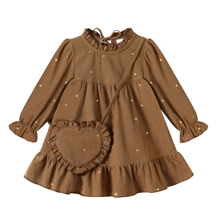 Younger Tree Toddler Girls Dresses Kid Fall Winter Long Sleeve Crew Neck Dresss Clothes with Bag for 3-4T