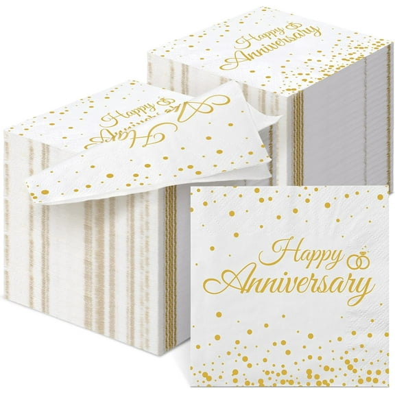 120 Pcs Wedding Anniversary Gold Paper Cocktail Napkins 2 Ply Disposable Beverage Dessert Napkins for Wedding Bridal Party(Happy Anniversary)