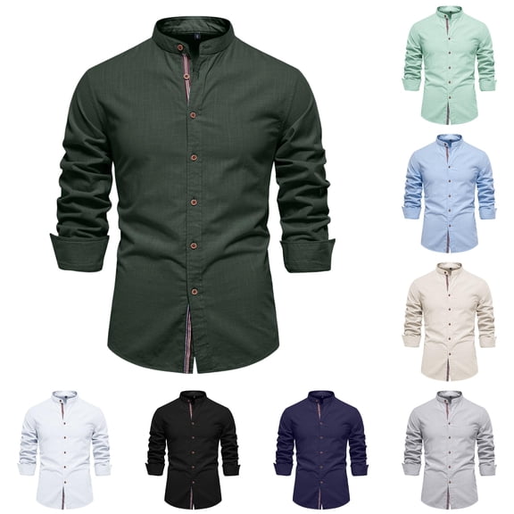 XIAONU Mens Solid Button Down Shirts Mandarin Collar Regular Fit Shirts Lightweight Office Casual Tops