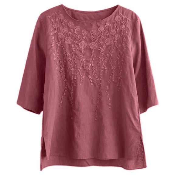 UAMVSH Linen Shirts for Women Side Split 3/4 Length Sleeve Tops Vintage Casual Crewneck Embroidered Loose Fit Blouse