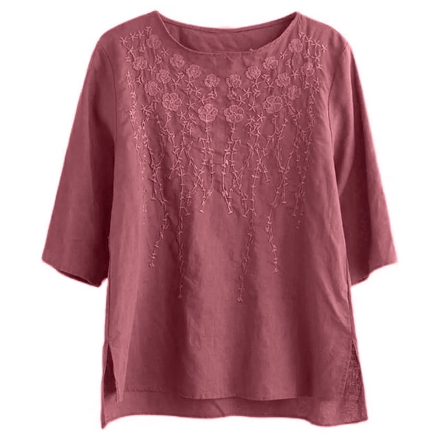 TaTaai Women's Casual Loose Linen Embroidered Crew Neck Three Quarter Sleeve Tops Vintage Stylish Soft Blouses for Spring Daily Office Dating Wear Gift