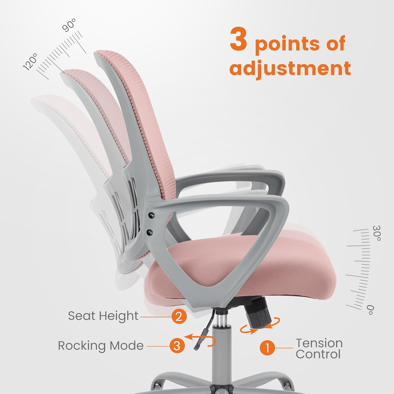 Atilioo Ergonomic Office Chair, Comfy Desk Chair with Adjustable Height & Lumbar Support, Mesh Swivel Rolling Computer Chair with Armrests for Adults, Pink