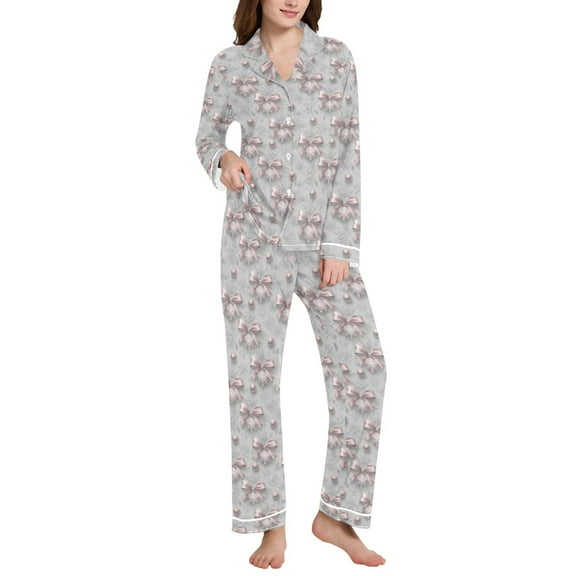 joogoo Pajamas Set for Women Bows Christmas Balls Long Sleeve Pjs Loungewear L