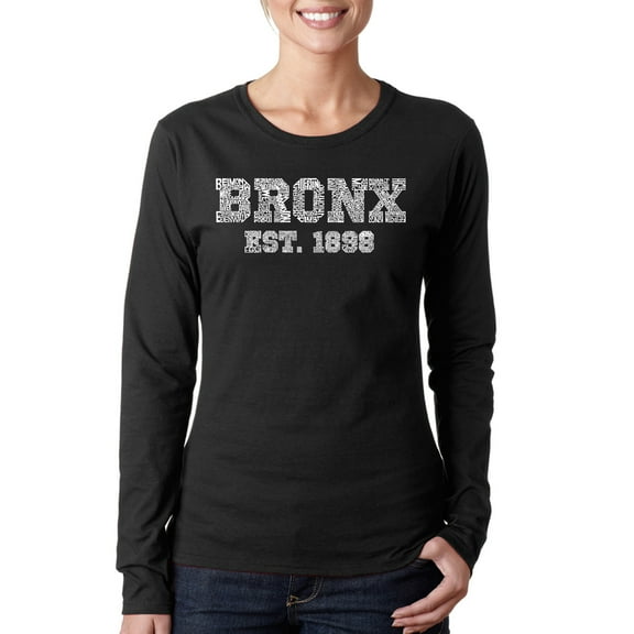 LA Pop Art Women's Word Art Long Sleeve T-Shirt - POPULAR NEIGHBORHOODS IN BRONX, NY